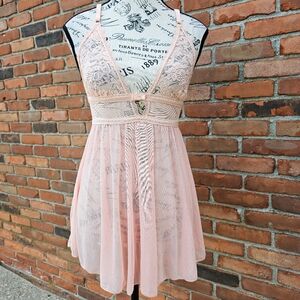 Rachel Roy Peach Lace Babydoll Lingerie | Sheer Mesh Nightie